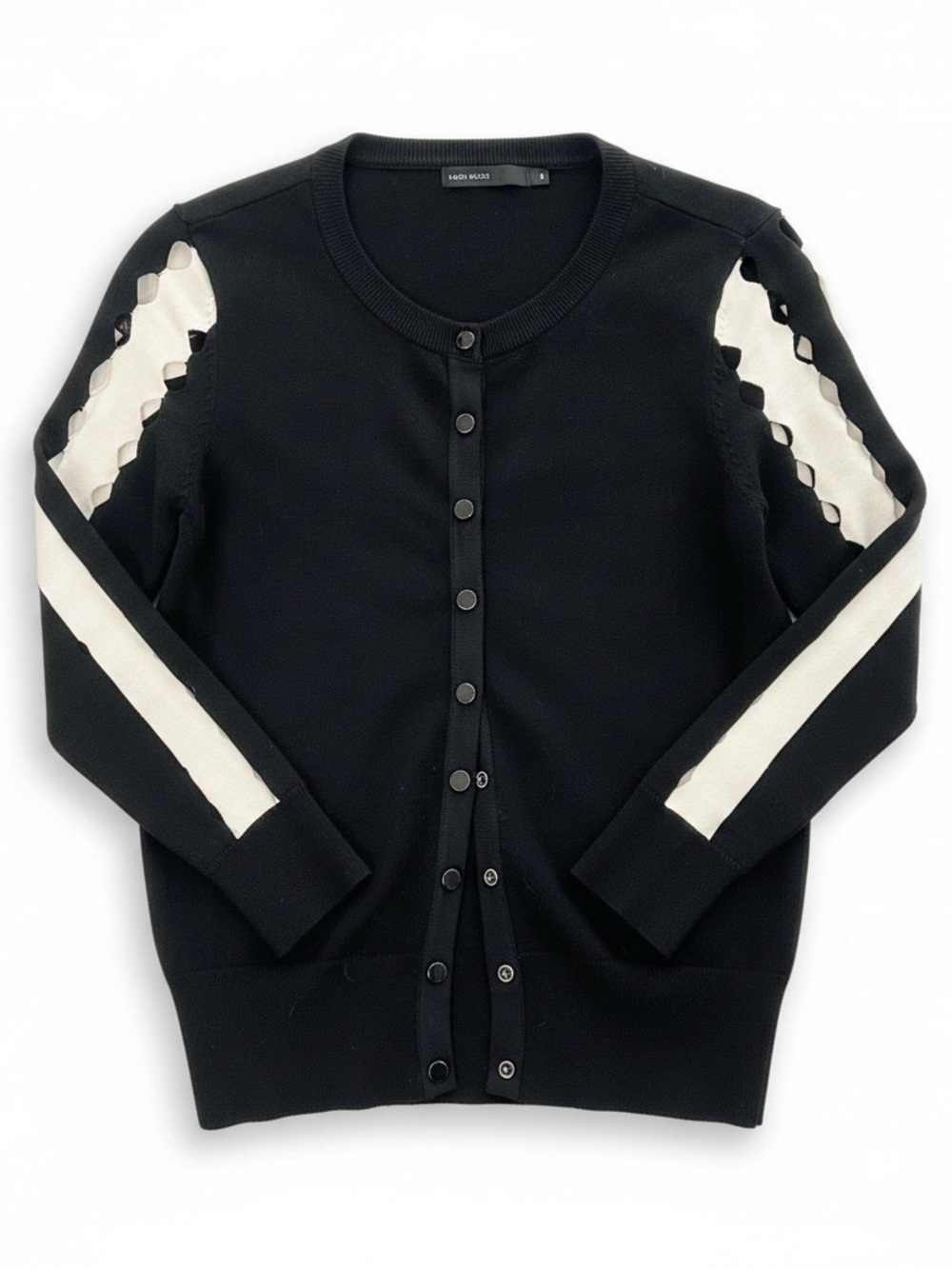 Karen Millen Black Cardigan Sweater with Off White Laser Cut Out Detail